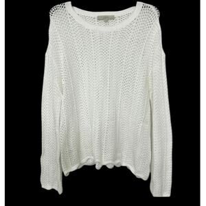 LOFT White Open Knit Cotton Sweater L Lightweight Crewneck Layer Coastal Beachy